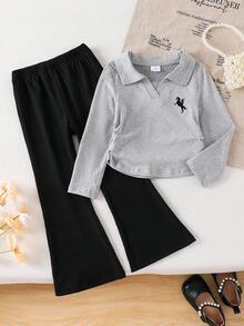 2件組女童休閒學院風小馬刺繡抓皺修身長袖 Polo T恤與喇叭褲套裝，秋冬薄款 - 彩色 - 查看 1