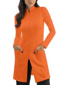 Solid Color Zip-Up Front Dual Pocket Lab Coat Spring - Orange - View 5