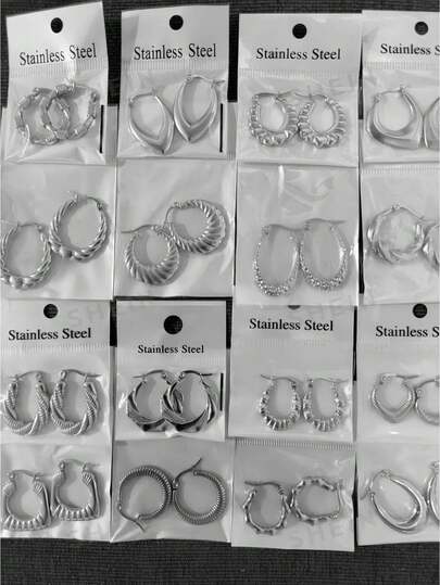 16pcs Stainless Steel Earrings, Earrings For Women - Minimalist Korean Style, Fashionable Asymmetric Design, Suitable For Daily Wear And Parties