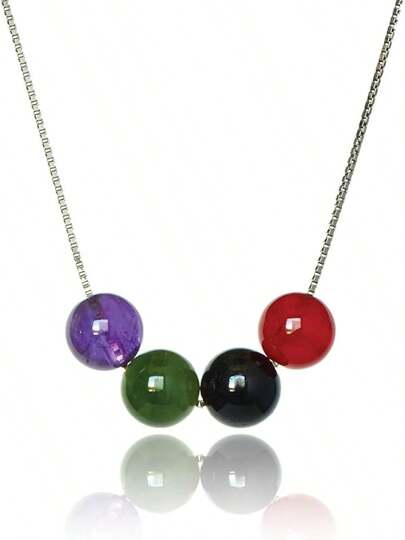 Healing Necklace Adjustable Length With S925 Sterling Silver Blockchain - Beautiful, Jewelry, Women. Green Jade, Purple Amethyst, Black Tourmaline, Red Carnelian