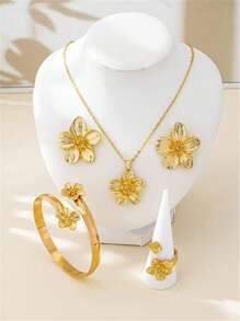 2pcs/5pcs Metal Flower Necklace Earrings Bracelet Ring Jewelry Set, Elegant & Sweet