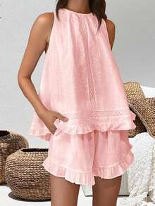 Women's Summer Shorts Outfit Loose Fit Stylish Solid Ruffled Trim Sleeveless Tops And Shorts 2 Pcs Set - 粉色 - 查看 3