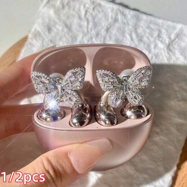 1/2 piezas Clips de auriculares de mariposa brillante de cobre, decorados con rhinestones y perlas falsas para un estilo elegante y romántico, accesorios de auriculares de lujo desmontables