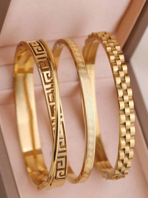 3 pièces/1 pièce Bracelet vintage en acier inoxydable doré ajouré pour femmes, convient pour un port quotidien, bijoux de fête, cadeau pour les amis