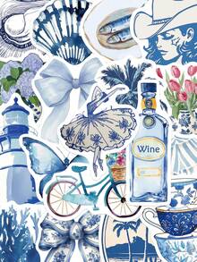 50Pcs Blue Aesthetics Stickers Waterproof PVC Gift Cartoon Decoration Scrapbook Laptop Luggage Guitar Water Cup Phone Case DIY Decal - Mint Blue - View 1