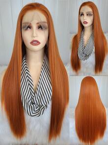 Parrucca frontale in pizzo elegante da 24 pollici di colore arancione sporco, parrucca frontale in pizzo sintetico con attaccatura dei capelli pre-sfoltita, fibra di capelli resistente al calore, parrucca liscia e setosa per donne, cosplay, feste, uso quotidiano - Multicolore - Visualizzare 3