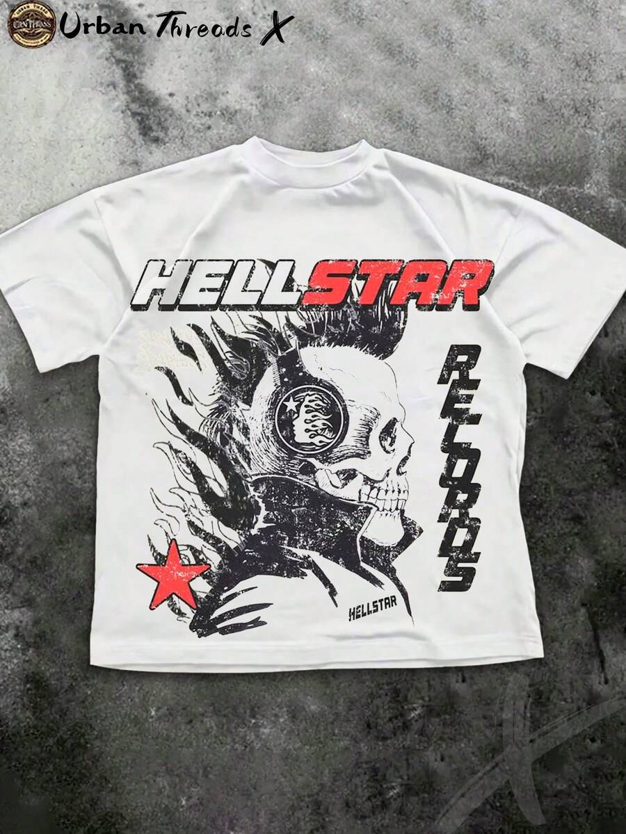 Men's T - Shirt For Summer Outdoor, 220g Pure Cotton Crew Neck Short Sleeve, Skull & Flame Print Casual Top - 白色 - 查看 1