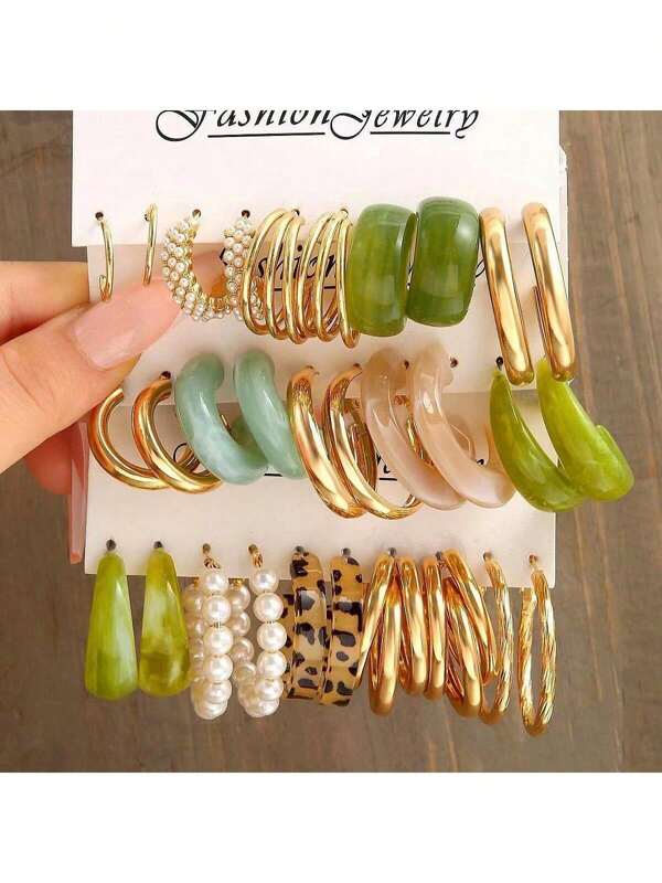 5-15 Pairs Colorful Exaggerated Gold-Plated C-Shaped Beaded Acrylic Resin Earrings, Versatile Set