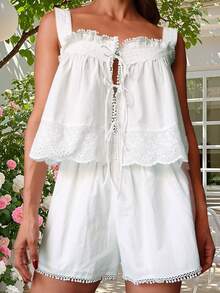 Women Shorts Set, Tie-Up Patchwork Camisole With Elastic Waist Shorts Summer Pajama Set Loungewear - White - View 3