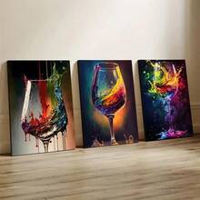Juego de 3 piezas, Impresiones de arte en lienzo 2D, Decoración de estilo abstracto de copa de vino, Carteles de pintura de acuarela colorida, Adecuado para uso en interiores y exteriores, Decoración para el hogar, oficina, sala de estar, dormitorio, baño, comedor, Decoración con tema de dibujos animados - Multicolor - Ver 2
