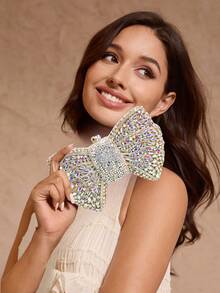Women Luxury Bowknot Shaped Evening Clutch Sparkling Rhinestones Handbag For Banquet - Vàng AB - Xem 3