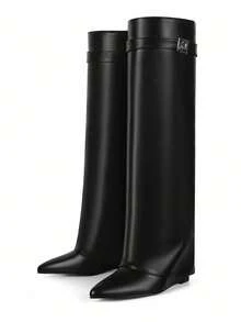 Women's Knee High Fold Over Slouchy Shark Boots Wedges High Heels Pointed Toe Fashion Padlock Buckle Pull On Party Sexy Boots Woman - Schwarz - Übersicht 6