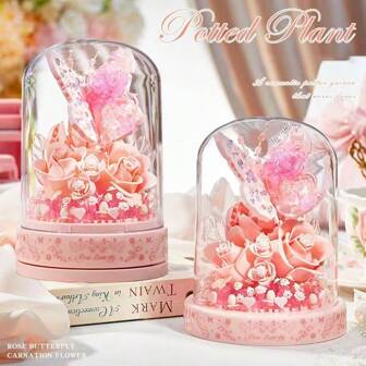 Elegant Fashionable Pink Butterfly Series Handmade Assembly Building Blocks Furniture Decor Set, Music Box Blooming Butterfly + Flower Cover, Suitable For Valentine's Day, Mother's Day, Birthday Gifts And Fashionable Lady's Desk Decorations