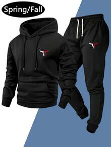 Men's Thin Hoodie And Sweatpants Set, Regular Fit, Casual Outfit With Ox Head Print Pattern, Basic Style For Outdoor Activities, Travel And Relaxation. Suitable As A Gift For Husband Or Boyfriend - Includes Hoodie With Pockets And Drawstring Waist Pants. - Multicolor - View 1