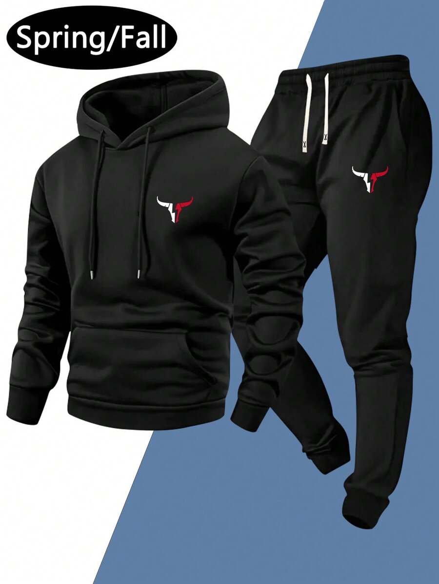 Men's Thin Hoodie And Sweatpants Set, Regular Fit, Casual Outfit With Ox Head Print Pattern, Basic Style For Outdoor Activities, Travel And Relaxation. Suitable As A Gift For Husband Or Boyfriend - Includes Hoodie With Pockets And Drawstring Waist Pants. - Multicolor - View 1