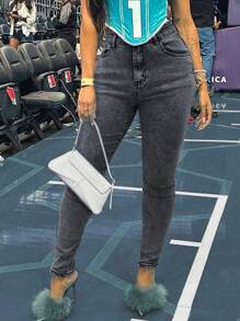 Y2K街头风修身牛仔裤，高腰修身剪裁，斜插口袋设计，舒适高品质，适合办公室穿着，秋季女装 - 黑炒花 - 查看 3