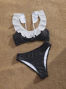 Women's Sexy Fashion Black 2-Piece Swimsuit, Ruffle Trim Design, Perfect For Summer Beach Vacation, Bikini Set With Random Print Pattern - Black - View 7