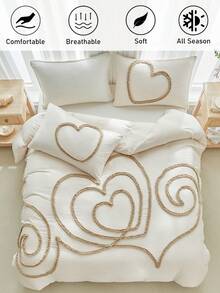 2/3 件卡其色心形图案簇绒涤纶羽绒被套，破旧别致现代奢华大号床上用品套装，适合所有季节（1 个羽绒被套 + 1/2 个枕套），柔软透气，无填充物 - 卡其色 - 查看 2