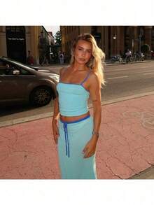 New Women's Clothing, Solid Color Sleeveless Suspender Tube Top, High Waist Long Skirt Set. - 藍色 - 查看 2