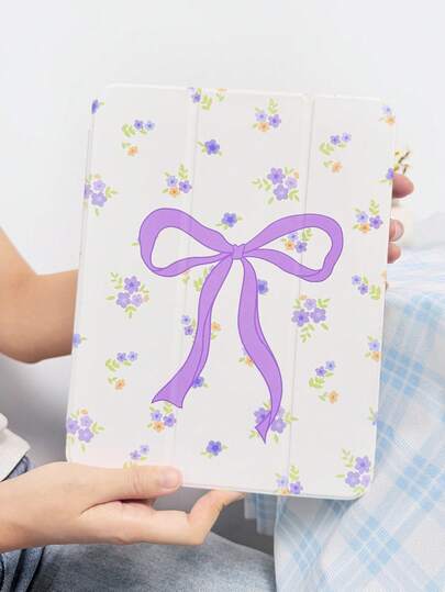 1个透明亚克力蝴蝶结花卉彩绘可折叠平板电脑保护套，适用于iPad，内置笔槽，高透明亚克力后盖，防弯折、防刮擦、防摔，三折可调节支架，磁吸式/自动休眠/唤醒功能，简约/趣味/休闲/创意/个性化iPad平板电脑保护套，不含笔，部分型号带镜头框