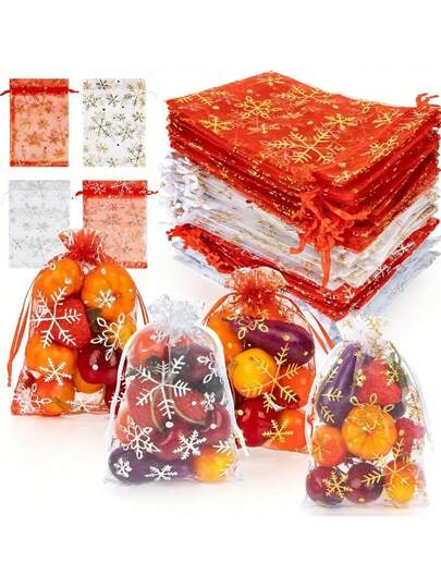 100/30/10pcs Red/White Snowflake Gift Bags, Christmas Organza Gift Bags With Gold Snowflake Theme, Party Decorations, Candy Bags, Suitable For Wrapping Gifts For Guests, Party Favors And Candy Packaging