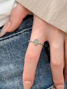 BALMORA 1pc Vintage S925 Sterling Silver Oval Jade Ring, Suitable For Girls/Women/Girlfriend/Mother, Retro Party/Date Gift, Daily Wear Birthday Present - Silver - View 2