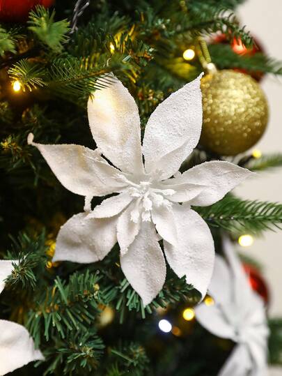 10 pezzi/1 pezzo Decorazioni natalizie artificiali in poinsettia glitterata (con clip), poinsettia glitterata, decorazioni natalizie, accessori per le vacanze, albero di Natale, corona, ornamenti per albero di Natale in poinsettia glitterata, decorazioni per vacanze fai-da-te
