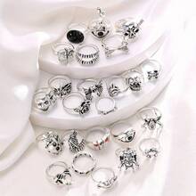 24pcs Gothic Bone Mixed Blood Ring Set Punk Gram Butterfly Frog Female Male Jewelry Hip Hop Party Street Ring Accessories Gift - 復古銀色 - 查看 6