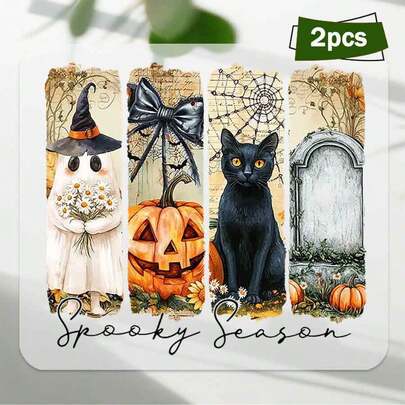 2pcs "Spooky Season" Halloween Design - Features, Pumpkin, Black Cat & Tombstone. Heat - Transfer Stickers, DTF Iron - On Vinyl Patches. For T - Shirts, Bags. Washable, Durable Fabric Decor, Halloween - Themed Fashion Accessories.