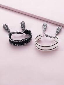 2 件时尚简约编织友谊手链 - 黑與白 - 查看 3