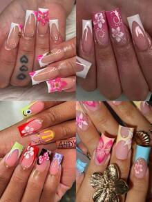 96 件（4 种混合）长方形 3D 凝胶指甲制作芙蓉花指甲蜜蜂和蝴蝶图案设计法式亚克力按压指甲长珍珠装饰完美贴合假指甲套装，包括：1 件果冻胶和 1 件指甲锉，易于佩戴夏季指甲和法式尖头指甲艺术，适合女性和女孩日常佩戴和派对使用指甲用品指甲