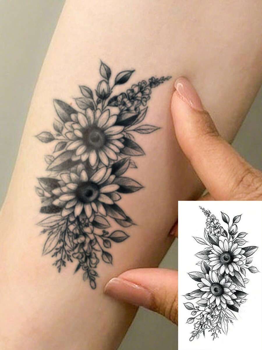 1 张小尺寸人体艺术临时纹身贴纸,男女适用,黑色简约线条玫瑰花朵图案,防水假纹身,持续 2-5 天,遮盖疤痕,可用于手臂手腕肩腿腰颈手胸部大腿手指,闺蜜情侣纹身,爱人,角色扮演 - 黑色 - 查看 1