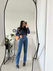 Wide Leg Jeans - 深色水洗藍 - 查看 3