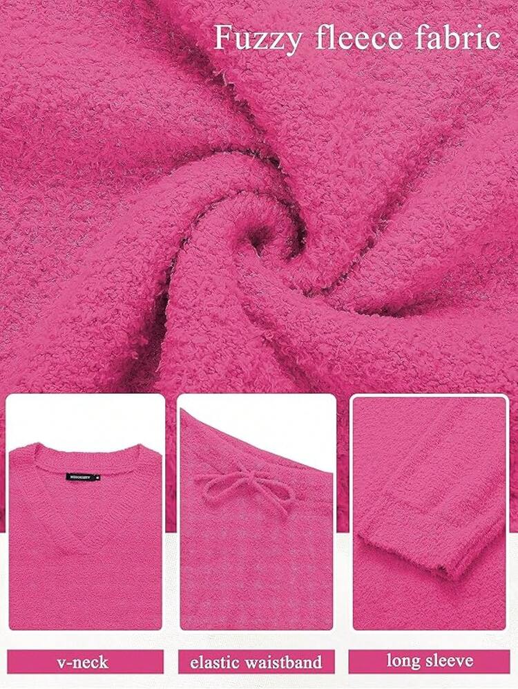 MEROKEETY Women's 2 Piece Outfits Fuzzy Fleece Pajama Set Long Sleeve Top Wide Leg Pants Loungewear - Rose - 查看 5