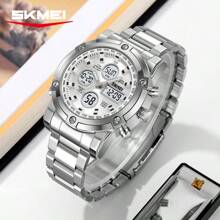 SKMEI 2556 男士防水数字手表豪华商务腕表 3 时间显示 LED 灯不锈钢闹钟夜光