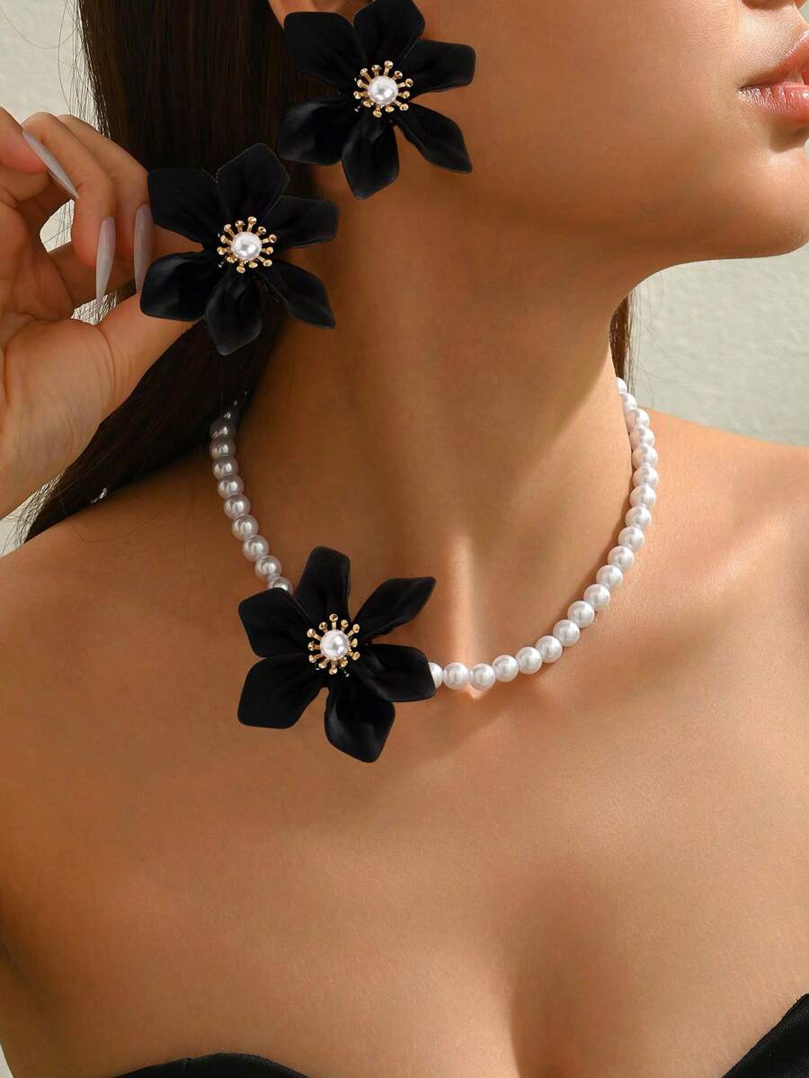 3pcs Elegant Necklace + Earrings Jewelry Set For Women, French Romantic Palace Style, Faux Pearl, 3D Red Woven Acrylic Flower Design, Suitable For Daily Wear, Banquet, Luxury Gift - Black - View 1