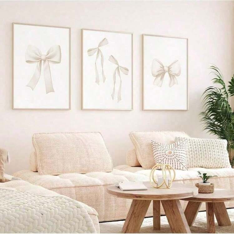 3件套无框蝴蝶结墙饰，米色蝴蝶结海报，学院风，蝴蝶主题墙画，适合女孩房，米色蝴蝶结图案，房间装饰画，粉彩蝴蝶结海报，适用于婴儿房和女孩房，尺寸：16x24英寸/40x60厘米 - 米色 - 查看 1