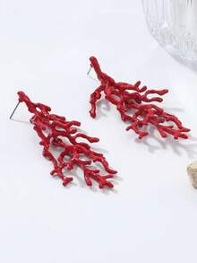 1 par de nuevos pendientes minimalistas con estilo de playa, con diseño de coral rojo en spray para mujeres - Rojo - Ver 2