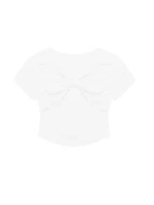 方领短袖蝴蝶结T恤，修身修身上衣 - 白色 - 查看 7