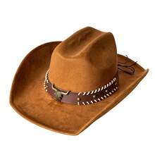 Retro Western Wide Brimmed Hat With Bullhead Decorative Band Suede Cowgirl Cap For Men Woman - Brown - View 6