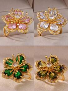 1件綠色水滴戒指女士不鏽鋼鍍金開口戒指豪華情侶婚禮訂婚珠寶禮物2024