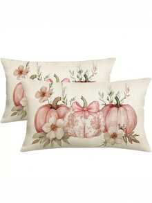 1/2/4pcs, Fall Pink Pumpkins Pillow Covers Flower Chinoiserie Farmhouse Autumn Thanksgiving Decor Lumbar Cushion Cases For Couch Home Decorations - Pink - View 1