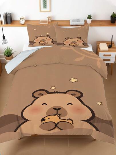 3pcs Capybara Cartoon Pattern Bedding Set (1 Duvet Cover + 2 Pillowcases, Comforter Not Included), Suitable For Hotel, Bedroom, Guest Room And Dormitory Decoration, All Seasons