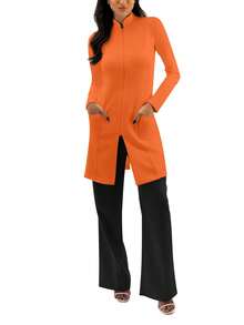 Solid Color Zip-Up Front Dual Pocket Lab Coat Spring - Orange - View 3