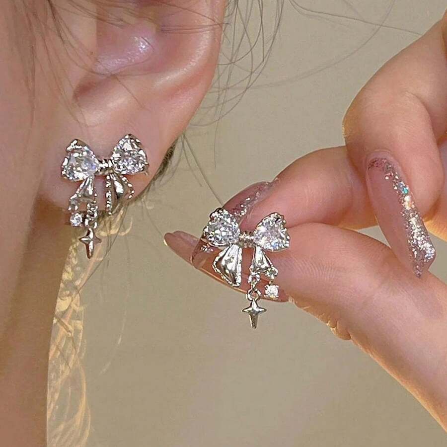 "Rhinestone Bow Decor Stud Earrings For Women – Elegant & Sparkling Jewelry, Perfect For Daily Wear Or Special Occasions, Chic And Dainty Accessory For Gifting, Birthday, Or Formal Events" - 多色 3 - 查看 1