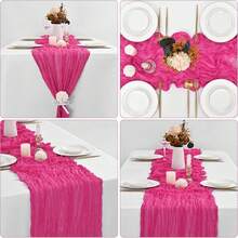 1/5 Pcs Fuchsia Bohemian Cheesecloth Table Runner, Crinkle Cotton Tablecloth, Semi-Transparent Table Cloth For Dining Table, Party, Birthday, Romantic Atmosphere Decoration, Christmas, Halloween, Home Decor - Hot Pink - View 6