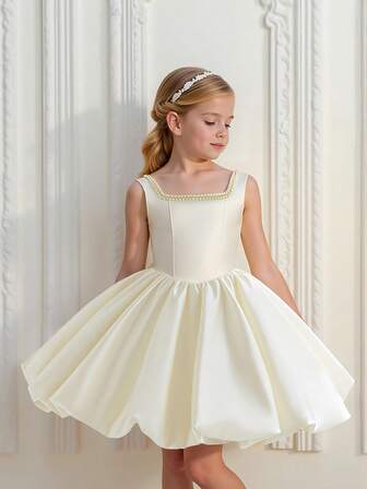 优雅缎面蝴蝶结后背花童礼服，适合生日派对、学校舞会等场合，不含头饰