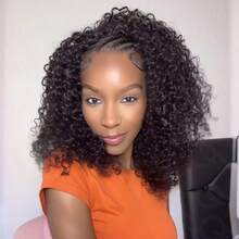 Half Wig Human Hair Glueless Wigs Upgrade 3 IN 1 Half Wig With Drawstring Seamless Clip Ins Flip Over Kinky Curly Human Hair No Glue No Lace For Women 200% Density 22 Inch - Natural Black - 查看 8