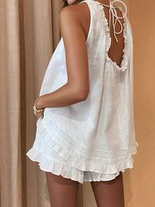 Women's Summer Shorts Outfit Loose Fit Stylish Solid Ruffled Trim Sleeveless Tops And Shorts 2 Pcs Set - 白色 - 查看 4