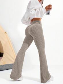 女式高腰纯色无缝喇叭形瑜伽紧身裤 - 卡其色 - 查看 4